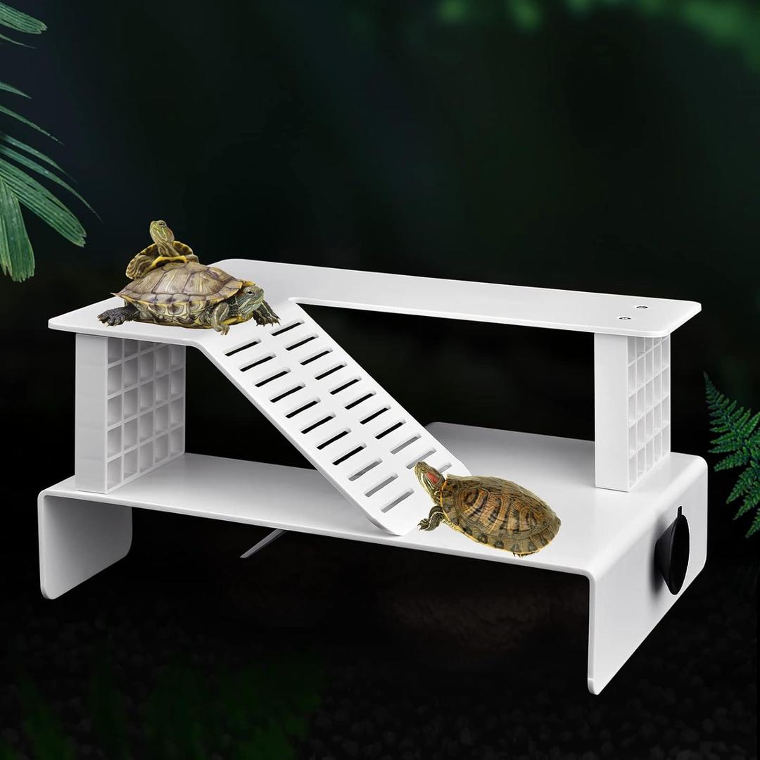 WEAVERBIRD Turtle Basking Platform, Turtle Tank Platform Aquarium Animal Sink Wharf, Double Decker Reptile Habitat, Climbing Shelf Turtle Tank Dock Floating Decor, Floating Turtle Dock, White