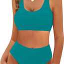 VIMPUNEC High Waisted Bikini Sets for Women Two Piece Tummy Control Swimsuits Sporty High Cut Bathing Suit (Large, Peacock Blue)