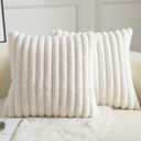 MANDIOO Pack of 2 Decorative Throw Pillow Covers Faux Fur Striped Plush Soft Cushion Covers Pillow Cases Bedroom Living Room Sofa Home 16x16 Inch Cream White