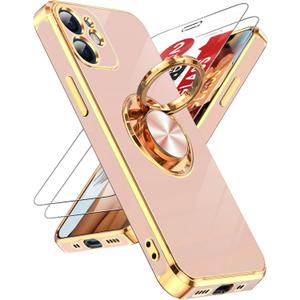 LeYi for iPhone 12 Mini Phone Case: 2 Pack Tempered Glass Screen Protector and 360 Rotatable Ring Holder Magnetic Kickstand, Plating Rose Gold Edge for iPhone 12 Mini Case, Pink