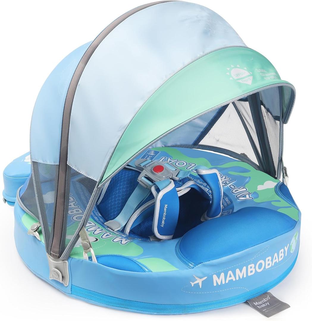 Mambobaby Float Upgrade Add Tail Baby Float with Canopy for Infant Waist Swimming Ring Swim Trainer Non-Inflatable Floats Toys with Adjustable Safety Strap (Blue - Earth)