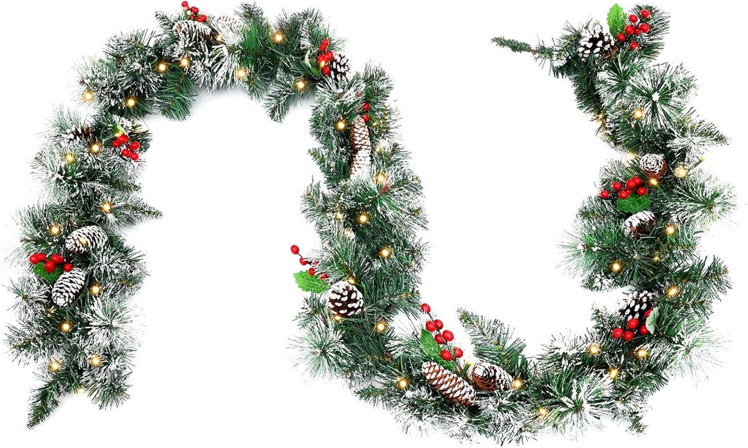 9ft Flocked Pre-Lit Artificial Christmas Garland,Christmas Tree Garland,Flocked Xma Tree Garland with Lights, Pine Cones, Red Berries, Branch Tips,Berry Clusters, Plug in