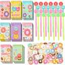 148 Pcs Donut Return Gifts Bulk Mini Notebooks Pens Stickers Set for Donut Themed Birthday Supplies Classroom Reward Gift Prizes Goodie Bags Stuffers