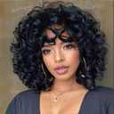 Short Curly Wigs for Black Women Soft Black Big Curly Wig with Bangs Afro Kinky Curls Heat Resistant Natural Looking Synthetic Wig for African American Women Black