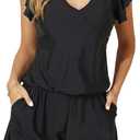Women's One Piece Romper Swimsuit with Short, Ruffle V Neck Modest Bathing Suit with Pockets Fashion Trendy (Blue, XL)