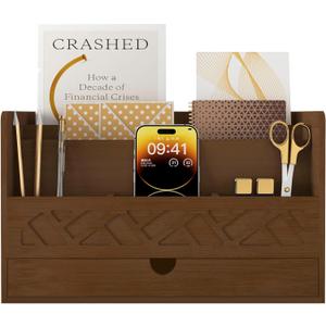 Bamboo Mail Organizer Countertop Desktop With Drawer - All-in-One Desk File Organizer for Office Supplies Storage With Pencil Holder (Walnut)