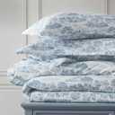 Martha Stewart - Queen Comforter Set, 100% Silky Smooth Cotton Sateen Bedding for Year Round Comfort, 3 Piece Bed Set with Matching Pillowcases (Farmhouse Toile Blue)