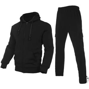 Bellnorth Men's Tracksuit Sets Outfit Activewear Full Zip Fleece Hoodie Jacket Cargo Sweatpant 2 Piece Casual Sweatsuit, X-Large, Black