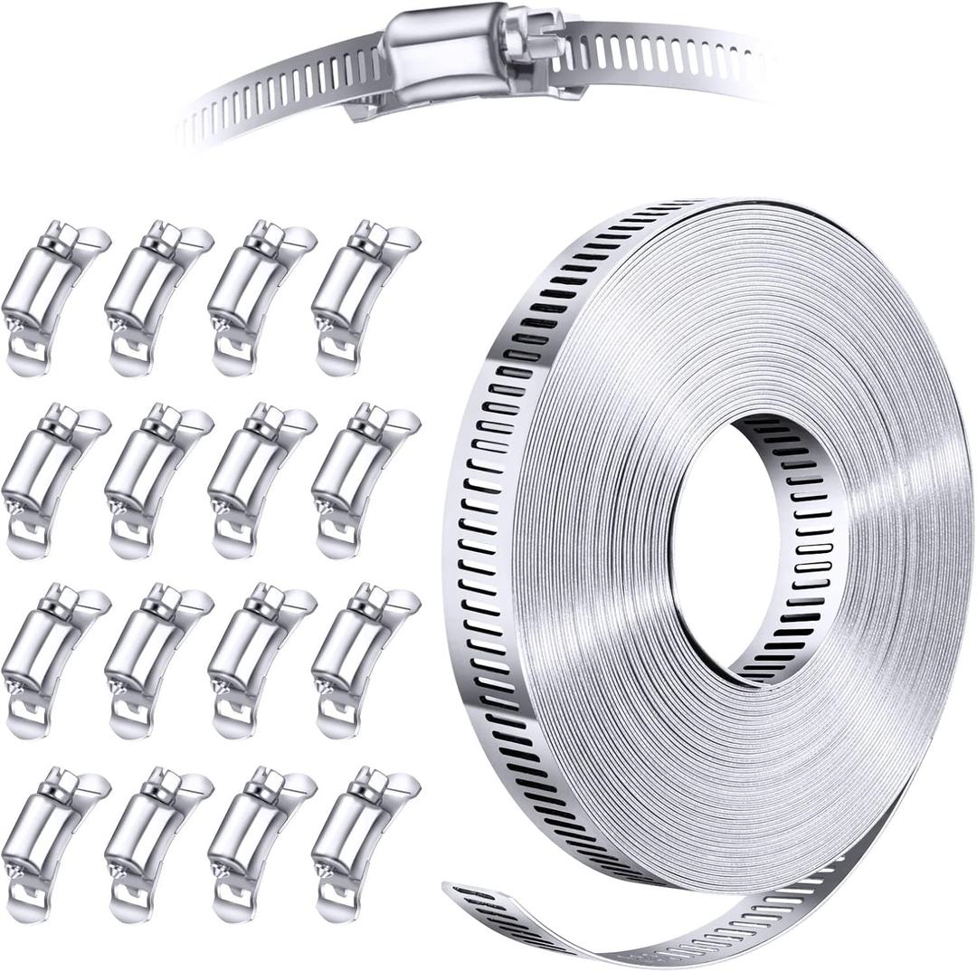 304 Stainless Steel Hose Clamp Assortment Kit DIY, Cut-To-Fit 35 FT Metal Strap+16 Stronger Fasteners, Large Adjustable Worm Gear Hose Clamps Screw Clamps Duct Pipe Metal Clamp Strapping