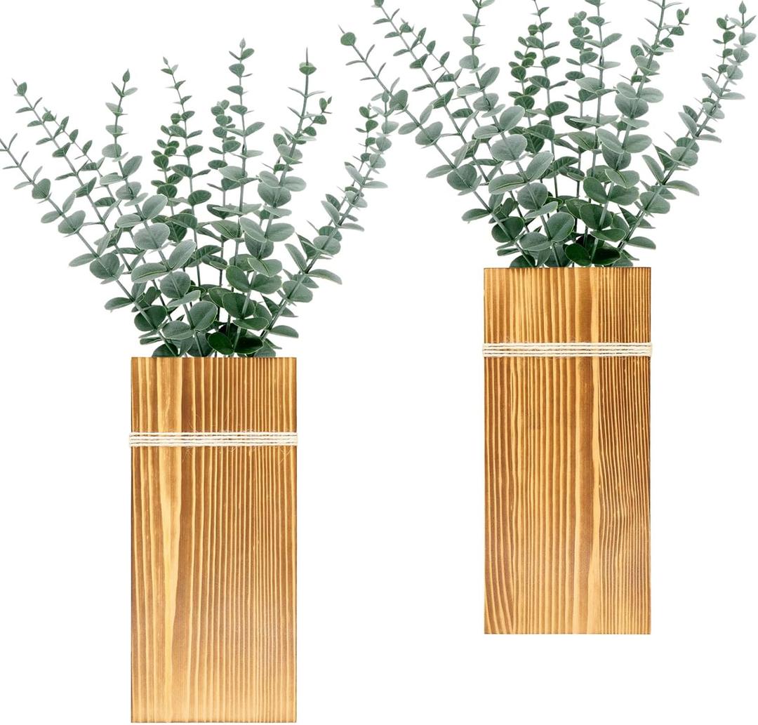 Wall Planters for Indoor Plants - 2 Pack Wood Wall Vases for Dried Flowers & Artificial Plants Modern Farmhouse Wooden Vase for Living Room Bedroom Kitchen Decorations - Brown Large