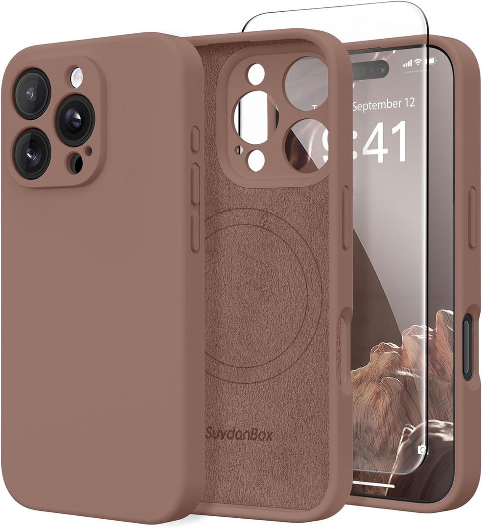 Magnetic for iPhone 16 Pro Max Case, Compatible with MagSafe, [Full Camera Protection][Screen Protector] Silicone Shockproof Protective Phone Case for iPhone 16 Pro Max 6.9", Brown