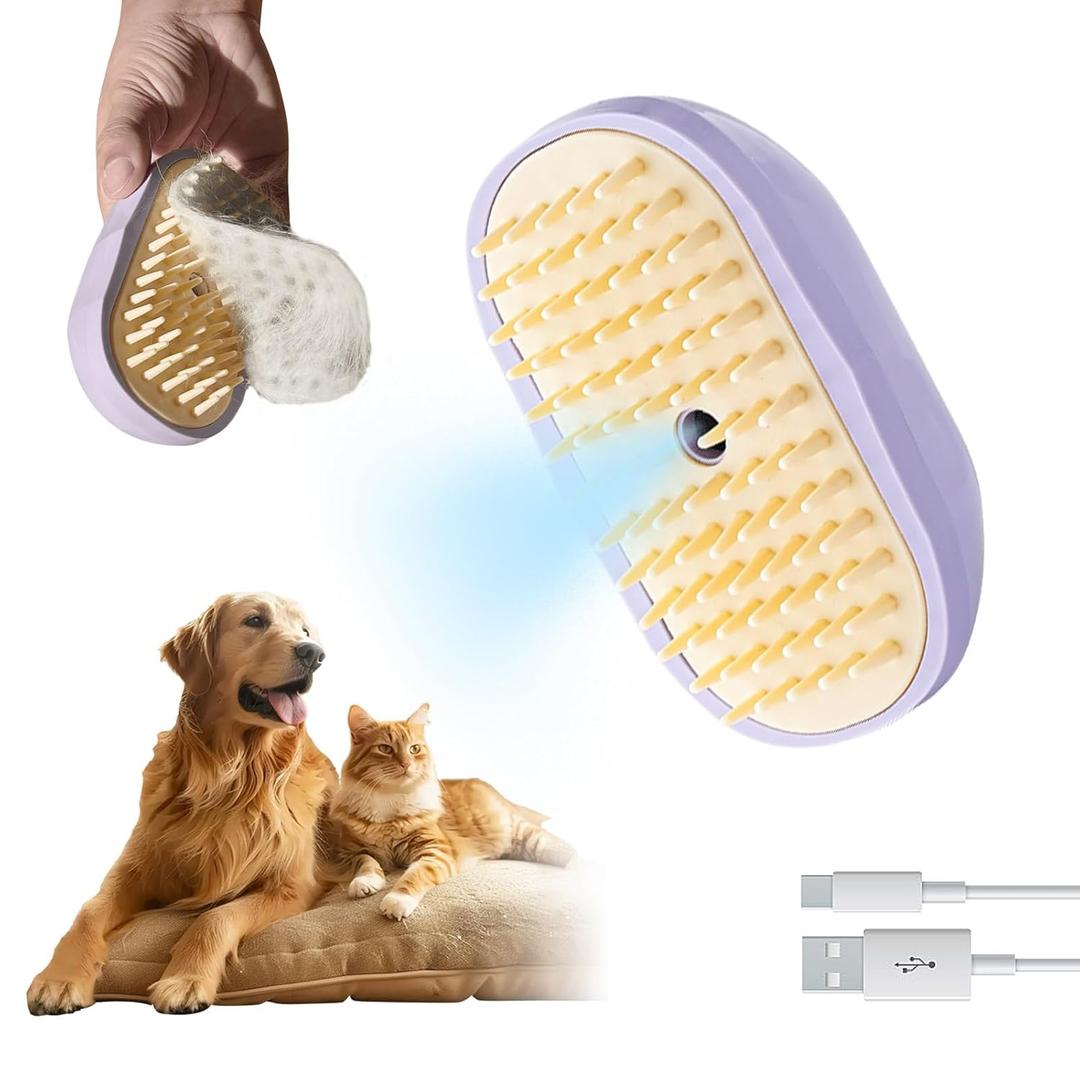 2 x Soft 3-in-1 Silisone Spray Brush, Upgraded for Shedding, Cleaning and Spa Massage, Hair Removal, Best Water Steam Brush for indoor Long or Short Haired Cat and Dog (Purple)