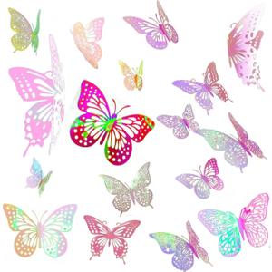 3D Butterfly Wall Stickers 3 Sizes 4 Styles Butterflies Wall Decorations Party Decorations Birthday Crafts Cake Nursery Decorating Wall Stickers Decor for Baby Room Kids (48 pcs Laser Pink)