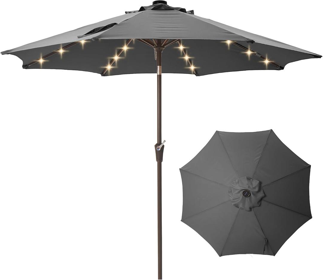 9FT Solar-Powered LED Patio Umbrella with Tilt Crank,Outdoor Market Umbrella with 32 Lights,Sunshade for Deck, Garden and Pool