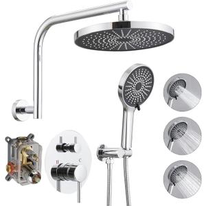 BWE Chrome Shower System Wall Mounted Shower Faucet Set with 10 inch Rain Shower Head and 3-Setting Shower Handheld Spray Bathroom Shower Fixtures with Shower Valve and Trim Kit