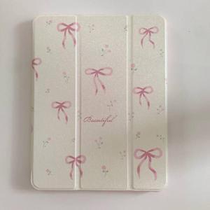Auto Sleep/Wake Leather Stand Folio Case with Kickstand Stylus Holder for Apple iPad 10.2-inch 9 9th Generation 2021 White Pink Bow Floral Beautiful Cute Lovely Adorable Girls