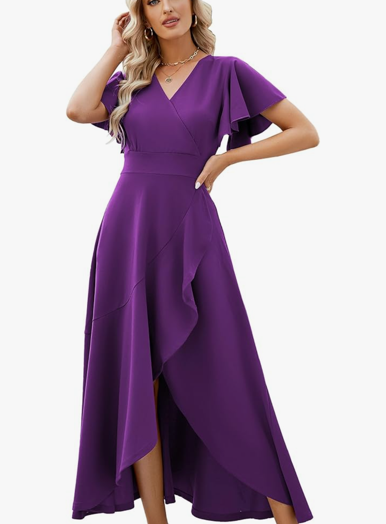 Long Black Formal Dresses for Women Gowns Evening Party Cocktail Dress,Split Elegant V Neck Wrap Ruffle Wedding Guest Dresses XL