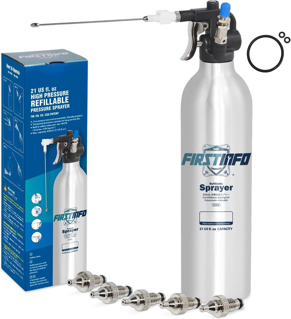 FIRSTINFO A1638Y5(3rd Gen) Patented Lightweight Max. Pressure 140psi / 620ml Thickened Aluminum Canister Refillable High Pressure Aerosol Spray Can/Pneumatic Compressed Air Sprayer (21 Ounces w/ nozzle kit)