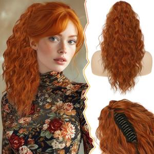 BARSDAR Copper Ponytail Extension - 18 Inch Claw Clip Ponytail Extensions for Women - Curly Wavy Multi Layered Synthetic Fake Clip in Pony Tails Hairpieces Daily Party - Ginger Copper