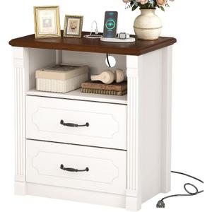 YOSHOOT Farmhouse Tall Night Stand with Charging Station, Wood Bed Side Table with 2 Drawers and Open Shelf, Rustic End Table with Roman Column Design for Bedroom Living Room, White & Brown, 22.8 x 15 x 26in