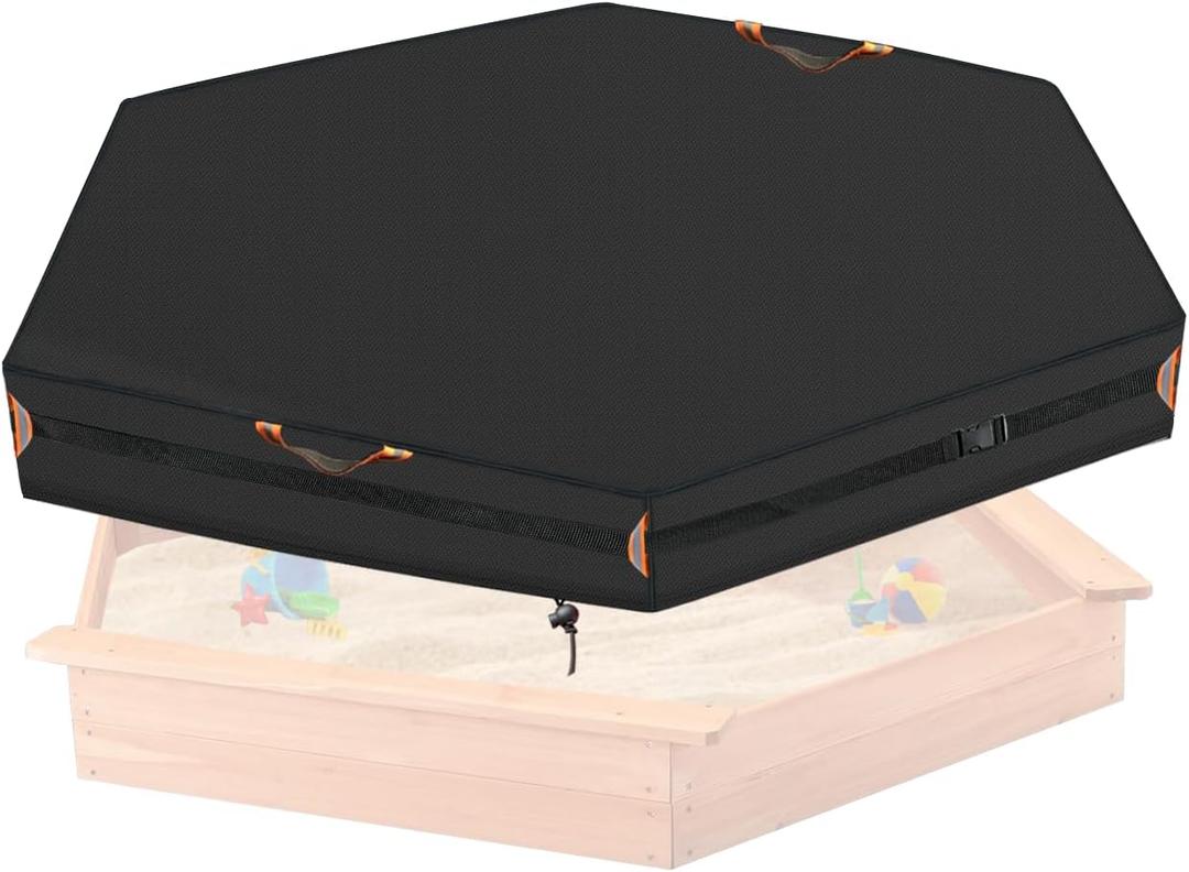 Outdoor Hexagonal Sandbox Cover with Two Night-Vision Reflective Handles and 6.1 Meter Webbing Loops, Featuring an Elastic Drawstring at The Bottom. Suitable for sandboxes up to 74" L x 65" W x 8" H.