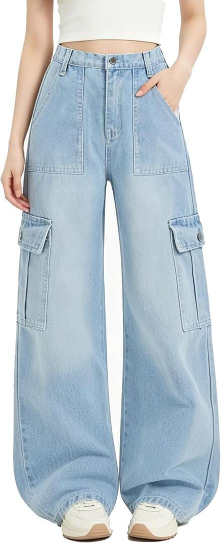 EXARUS Girls Cargo Jeans Wide Leg Baggy Tween Pants Elastic Waist Pockets | Teen Denim Hiking Pants High Rise Elastic Waist Straight Leg Loose Trousers Pockets Kids Youth Junior Casual 8-14Y (Blue)