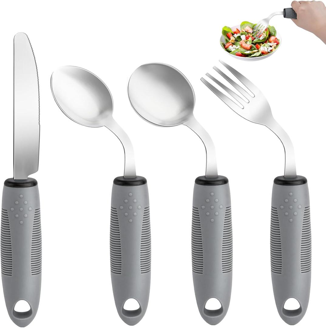 AuntyFey Weighted Adaptive Utensils, 4Pcs Weighted Utensils for Hand Tremors, 45Angled Parkinsons Utensils for Elderly, 3.5oz Weighted Built Up Utensils for Adults, Disabled, Parkinson, Right-Handed