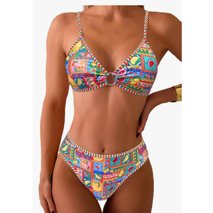 Fanuerg Women's Triangle Bikini Sets O Ring Linked Two Piece Swimsuits Floral Printed Cheeky Bathing Suit, Fruit Print, Medium