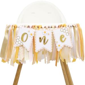 Bee One High Chair Banner Yellow - Bee for 1st Birthday Highchair Banner, Beehive Theme Birthday Party Supplies, Sweet One Party Decorations, Daisy First Photo Props (Beehive Garland Yellow)