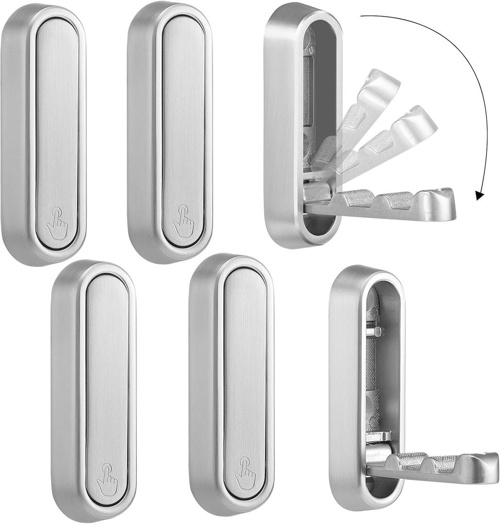 Dntorx Folding Coat Hooks, 6 Pcs Foldable Silver Wall Hooks Heavy Duty Foldable Hook Bathroom Towel Hooks Robe Hooks Wall Mounted for Hanging Coat Towels Clothes Hat Bags Keys