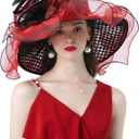 ORIDOOR Women Organza Fascinator Church Derby Hat Floral Tea Party Wedding Hat (Red)