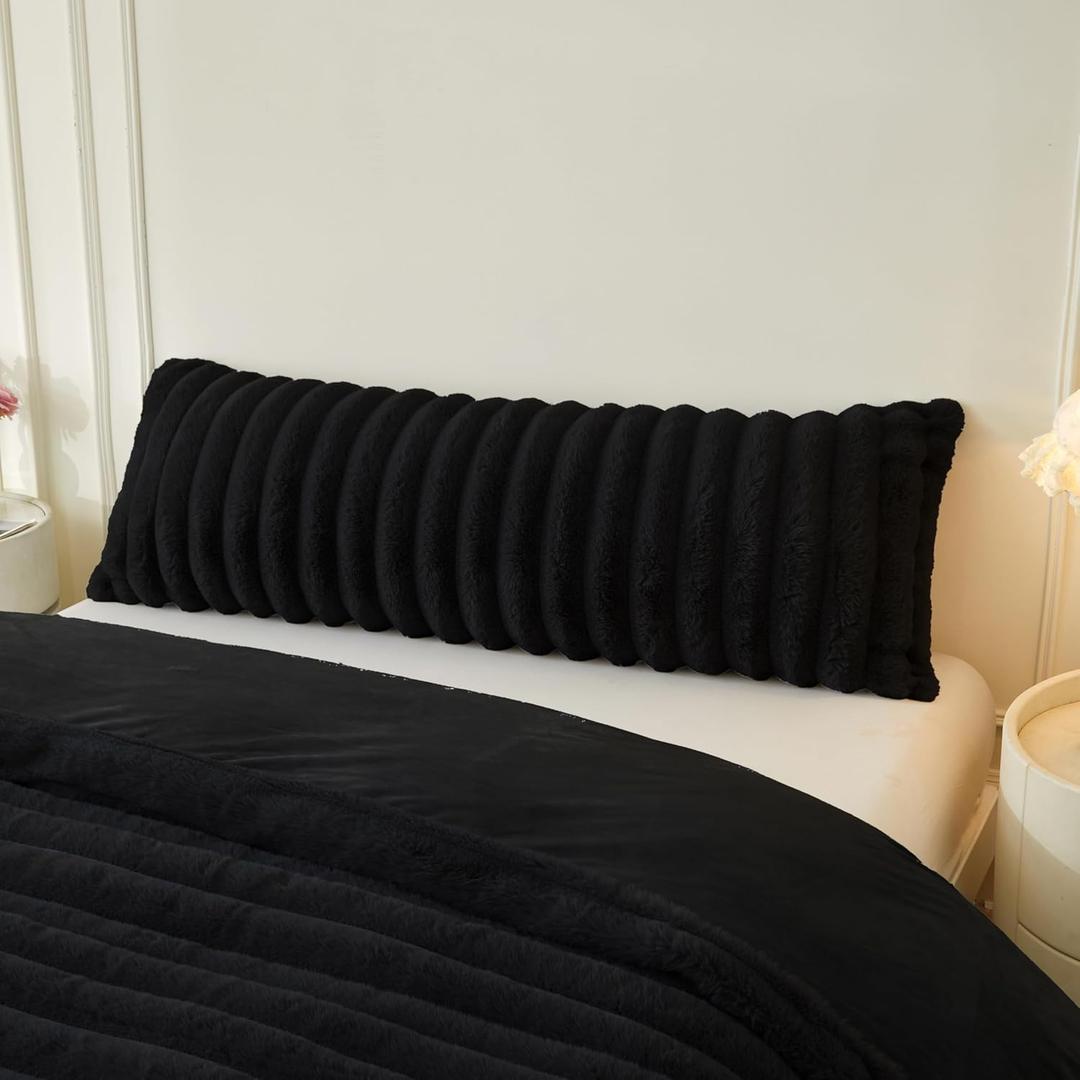 MEGO Fluffy Faux Rabbit Fur Body Pillow Cover, Soft Plush Fuzzy Wide Striped 20x54 Body Pillowcase with Zipper, Home Decorative Shaggy Furry Ribbed Long Pillow Cover for Bed Couch Sofa Bedroom, Black