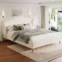 Merax King Size Upholstered Platform Bed, Boucle Fabric and Wingback Headboard, Rounded Corners, White