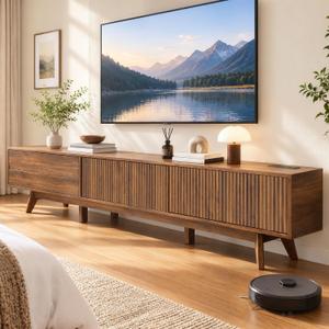 94" Fluted TV Stand with Power Outlet, Living Room TV Stand Walnut
