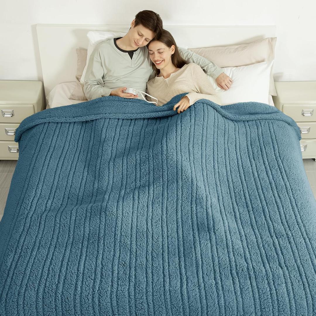 King Size Electric Blanket Single Control - 100"X90" Soft Double Sided Sherpa Heated Blanket with 6 Heating Levels & 10 hrs Timer Settings, Washable & Overheat Protection, Blue