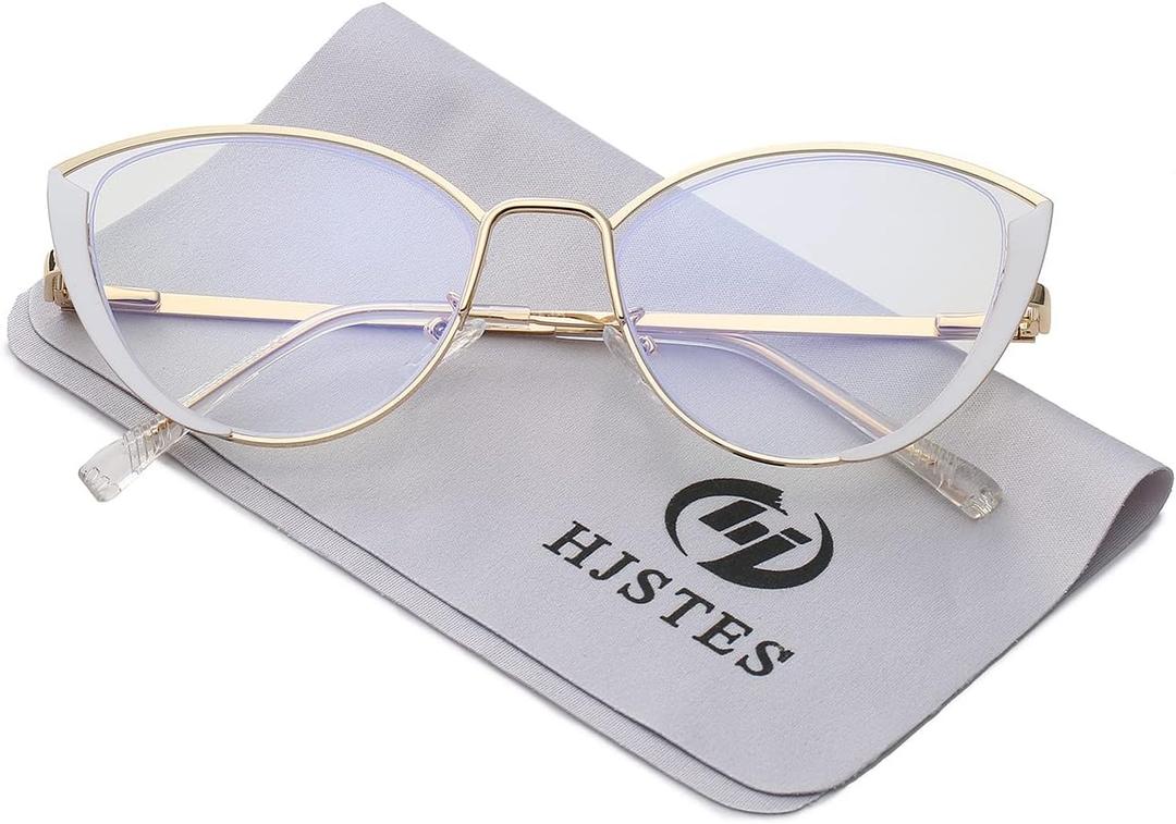 HJSTES Blue Light Blocking Glasses Women Trendy Cat Eye Metal Frame Computer Reading Eyewear(White)
