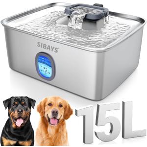 SIBAYS 4Gal/15L Large Dog Water Fountain, Stainless Steel Pet Fountain with Water Window & LED Light, Ultra Quiet Automatic Dog Water Bowl Dispenser for Large Dogs & Multi-pet, Easy to Clean FS76
