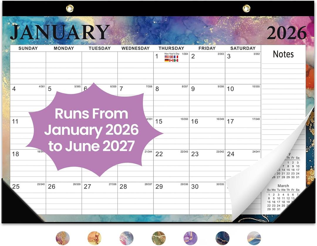 Desk Calendar 2026, 18 Months Calendar Runs from January 2026 to June 2027 - Large 17" x 12" Desktop/Wall Monthly Calendar for Home School, or Office - Gilded Elegance