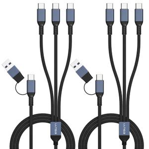 3 in 2 Multi Charging Cable, [5FT/2Pack 60W 3.1A] USB C Splitter Cable, USBA/C to C Nylon Braided PD & QC Fast Charger Cord with 3 Type-C Ports for Cell Phone/Tablets.
