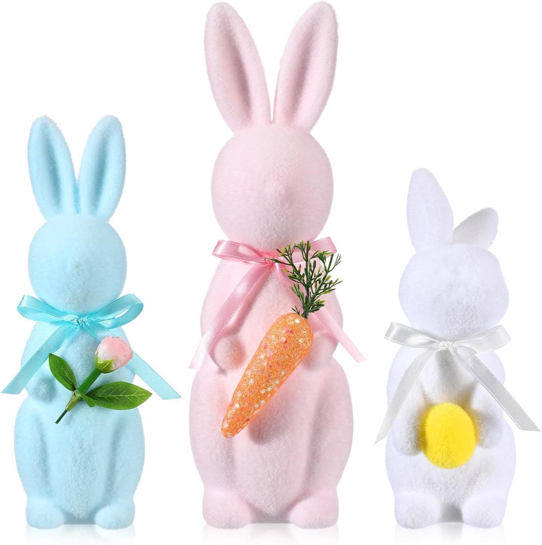 Yookeer 3 Pack Easter Bunny Decorations, Pastel Flocked Bunny Kit, Spring Table Centerpieces Easter Rabbit Set for Home Party Decor