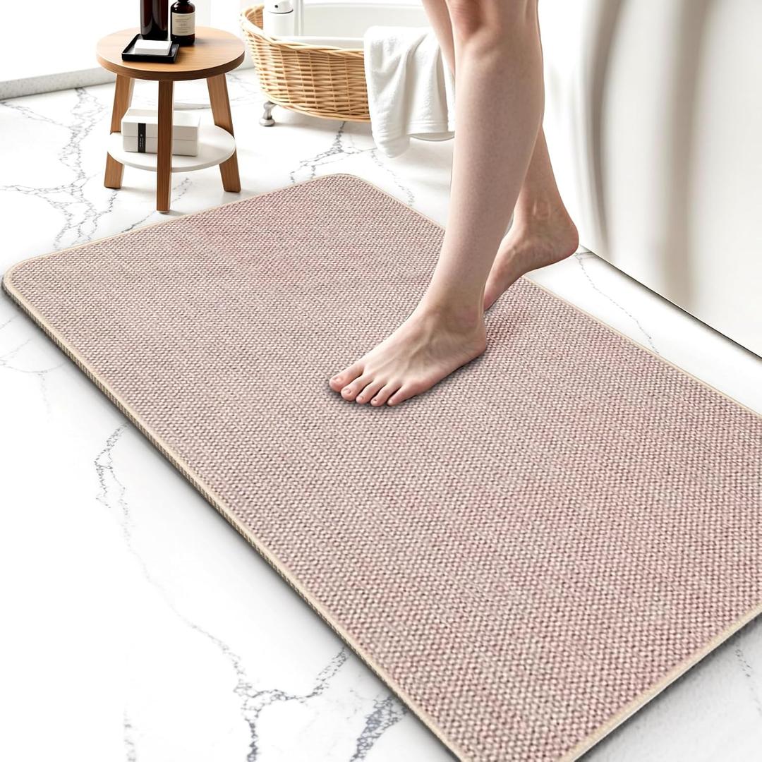 Upgraded Bath Mat 24x48Inch, Thin Bath Mats Rugs with Rubber Backing Non-Slip, Absorbent,Quick Dry Machine Washable, Home Decor Accessories Cozy Cloth Bathroom Rugs fit Under Door/Sink/Tub-Biege