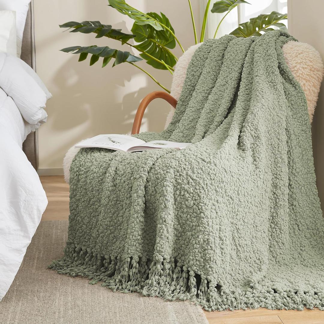 Amlie Home Knit Throw Blanket with Tassels for Couch, Luxury Boho Throw Blanket for Summer Sage Green, 50"x60"