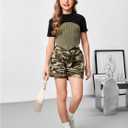 GORGLITTER Girl's Summer Outfits 3 Piece Ribbed Knit Tank Top Short Sleeve Crop T Shirt Camo Shorts Sets Size 8-12 Black and Green 11Y