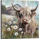 YUEYARIT Farmhouse Highland Cow Wall Decor in Neutral colour: Rustic Cow and Dandelion picture Canvas Art Print, Gift for Bathroom or Kitchen, Ideal Animal Artwork for Living Room (20L" x 20W")