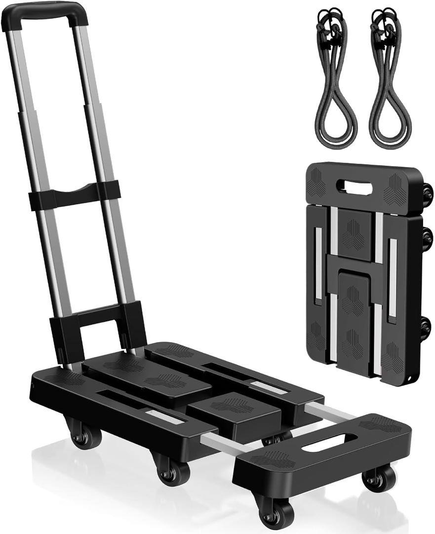 Folding Hand Truck,Foldable Dolly Cart With Wheels,500LB Heavy Duty Luggage Cart,6-wheel convenient Hand Truck,2 fixing ropes & 1 extra big storage bag Suitable for luggage,travel,moving(Black)