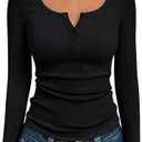 Long Sleeve Shirts for Women Henley Fall Ribbed Button Tops Slim Fit Winter Spring Cute Casual Basic Blouse Tees M