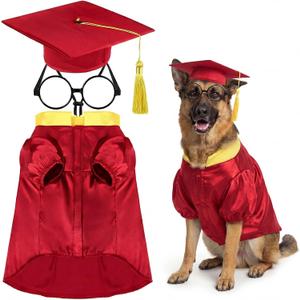 Huhumy 3 Pcs Dog Graduation Costume Set Include Pet Graduation Gown Adjustable Puppy Grad Cap with Gold Tassel Lensless Glasses for Dogs Cats Holiday Costume Accessory(Red,XL)