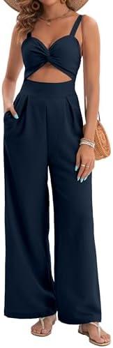 AGERWAY Womens Summer Jumpsuits Dressy Sexy V Neck Twist One Piece Outfits Sleeveless Casual Wide Leg Long Pant Rompers, Blue, Size S
