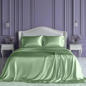 SLEEP SANCTUARY Satin Sheets King Size  4 Piece Luxury Silky Bed Set, Softer Than Silk, 15" Deep Pocket, Cooling & Wrinkle-Free, Moisture-Wicking & Breathable for Hair & Skin (Sage Green)