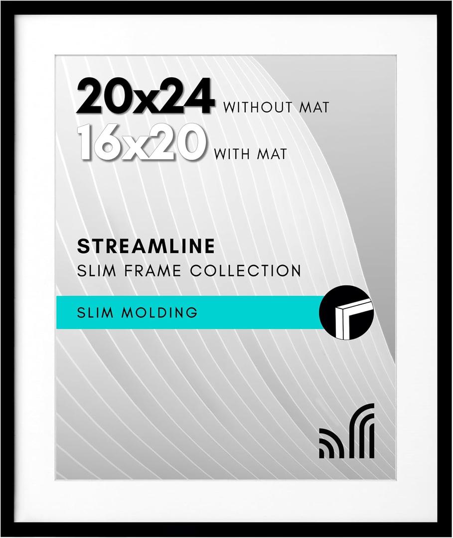 Americanflat 20x24 Picture Frame with Polished Plexiglass - Use as 16x20 Frame with Mat or Display 20x24 Photo Without Mat - Streamline Collection - Thin Border Picture Frames for Wall - Black
